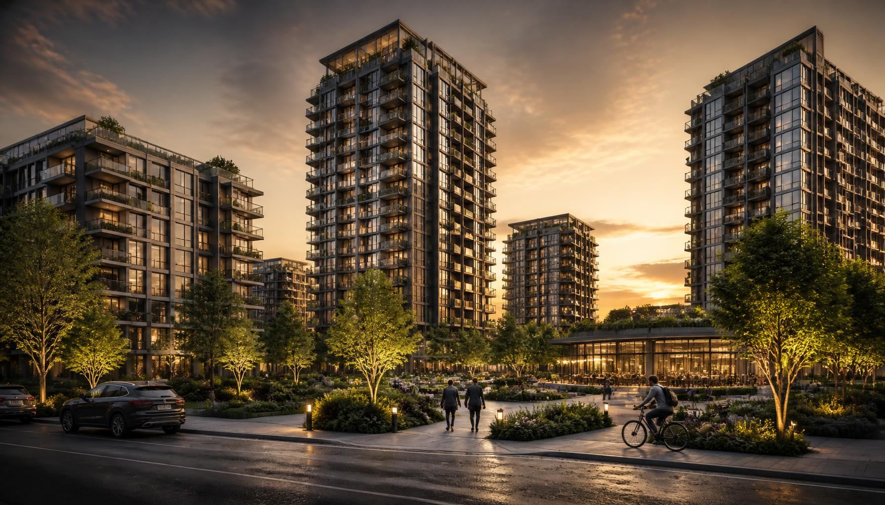 Quartier résidentiel de copropriétés modernes à l'heure dorée